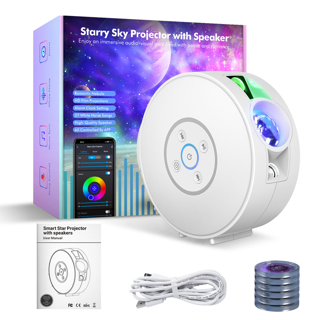Galaxy and night sky projector - 6 image cassettes, Bluetooth speaker, app control