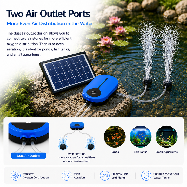 Solární provzdušňovač jezírka AP008 – 3600 mAh baterie, 3 režimy provozu, 1,5 W panel