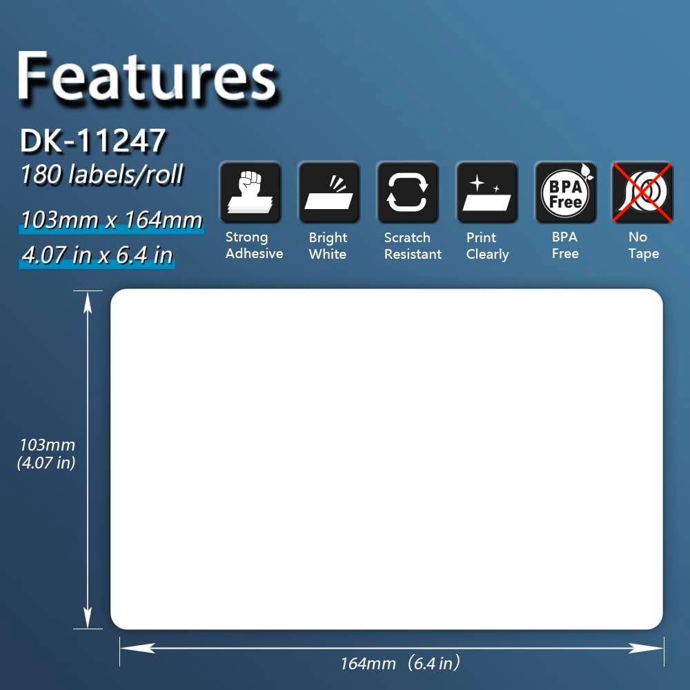BETCKEY DK-11247 - Self-adhesive shipping labels 103x164 mm, 180 labels/roll, compatible with Brother QL printers
