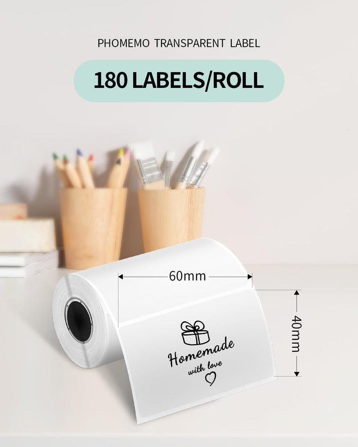 Replacement transparent self-adhesive labels for Phomemo M220 printer – 60 x 40 mm, 180 labels/roll