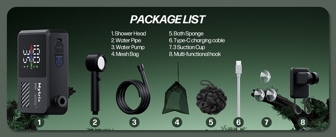 Mytrix Portable Camping Shower – High Water Pressure 10 l/min, 7800 mAh, and 4 Spray Modes