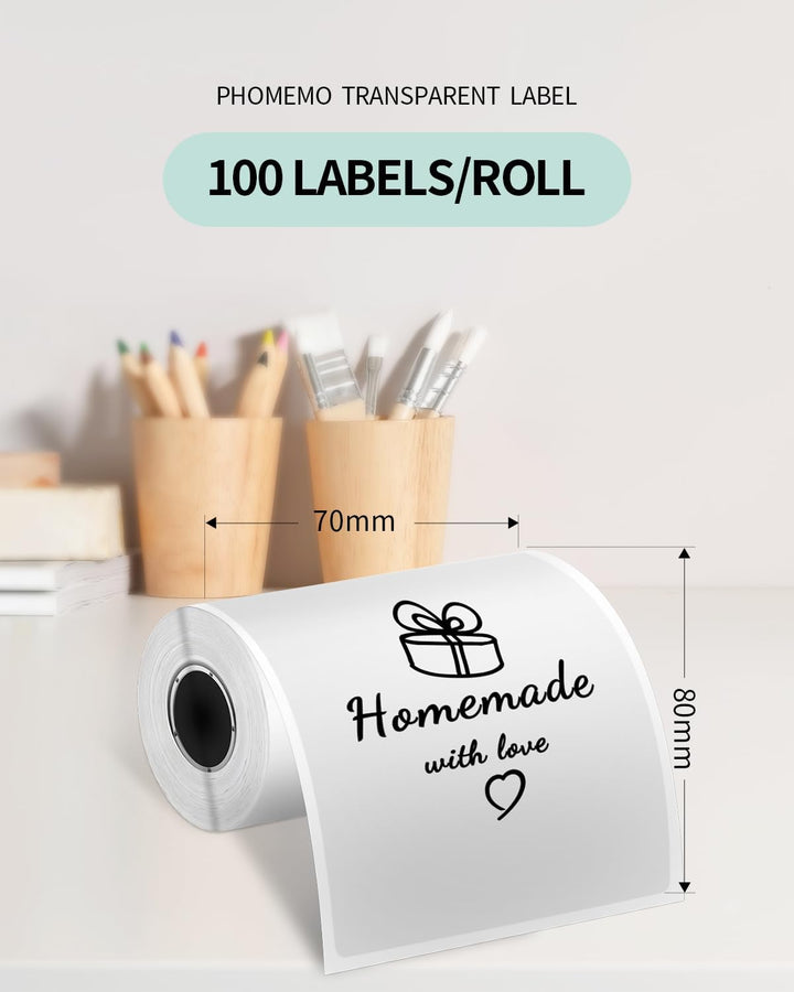 Replacement transparent self-adhesive labels for Phomemo M220 printer – 70 x 80 mm, 100 labels/roll