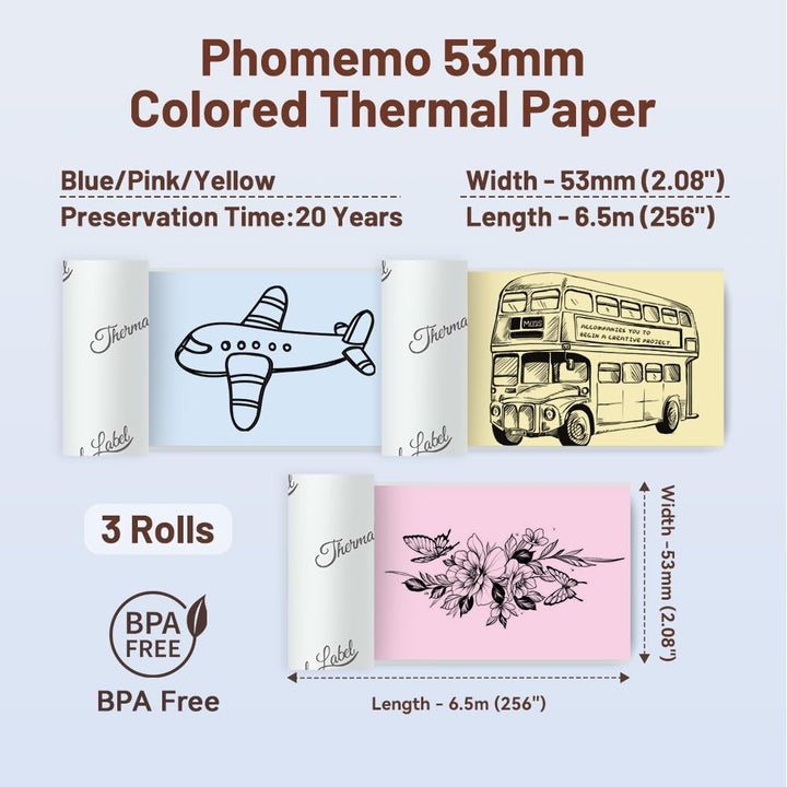 Replacement colored paper labels for PHOMEMO T02, M02 printer | 53 mm x 6.5 m