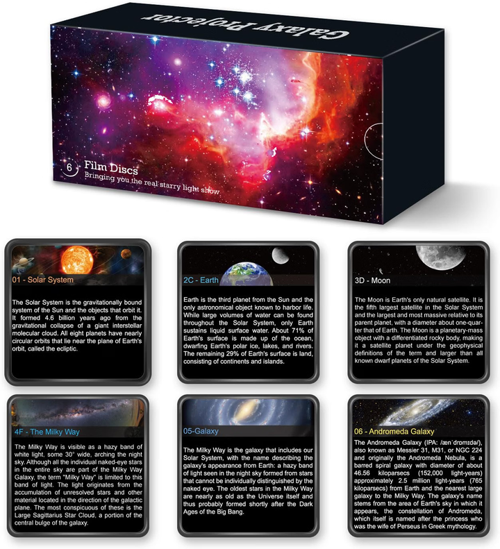 Zusatzset von Kassetten für den Projektor Galaxie im Astronautenstil (4. Generation) | 7 Kassetten mit Bildern in HD-Qualität