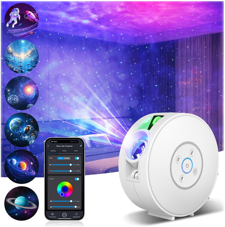 Galaxy and night sky projector - 6 image cassettes, Bluetooth speaker, app control