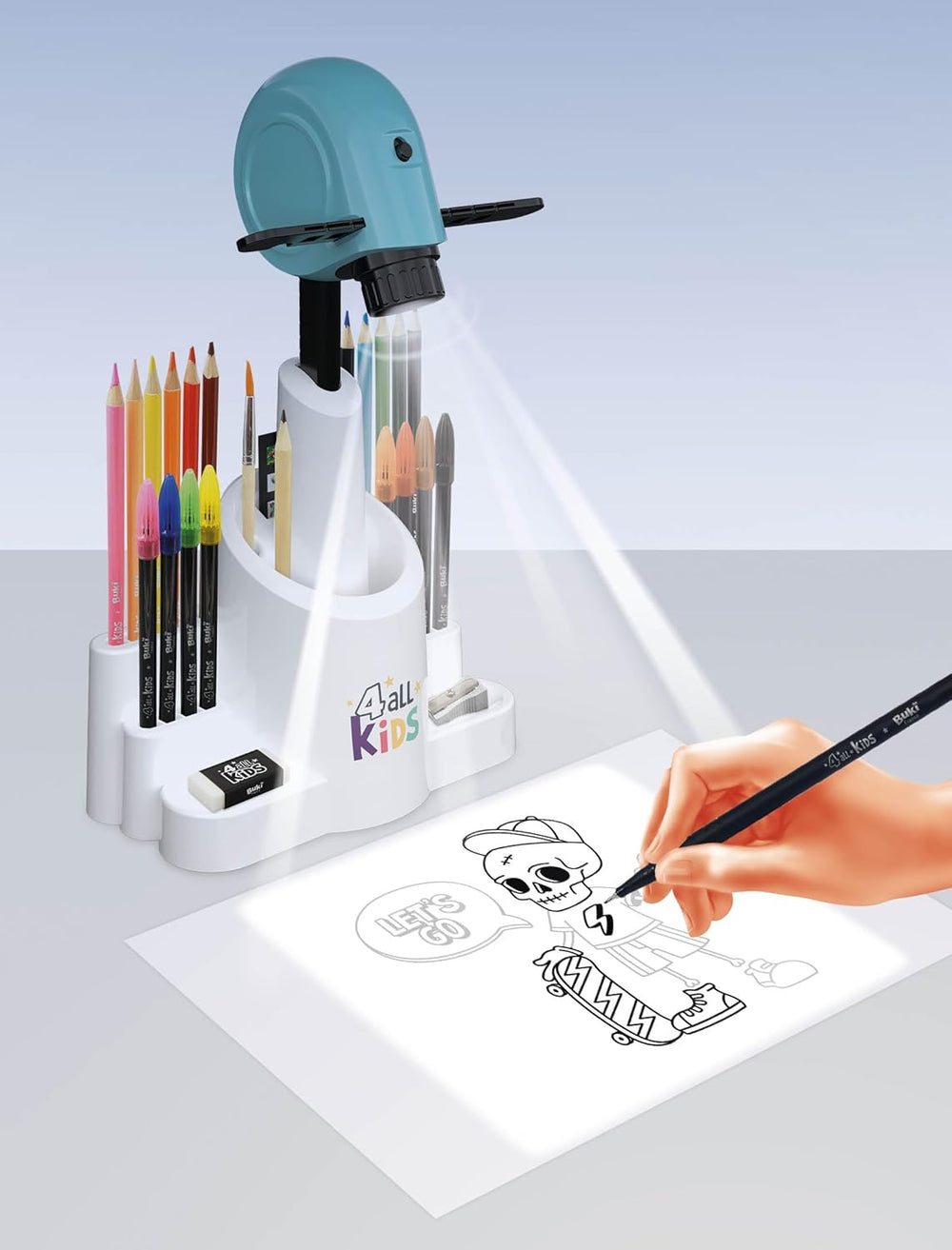 BUKI FK004 Dětský kreslící projektor | 30 obrázků, 200 motivů, 12 akvarelových pastelek a 8 fixů | Výškově nastavitelný a otočný projektor