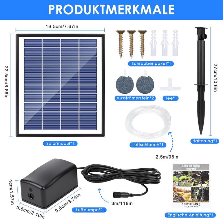 Fapiere Solární provzdušňovač jezírka – 6 W, až 1,2 l/min výkon, bezdrátový provoz