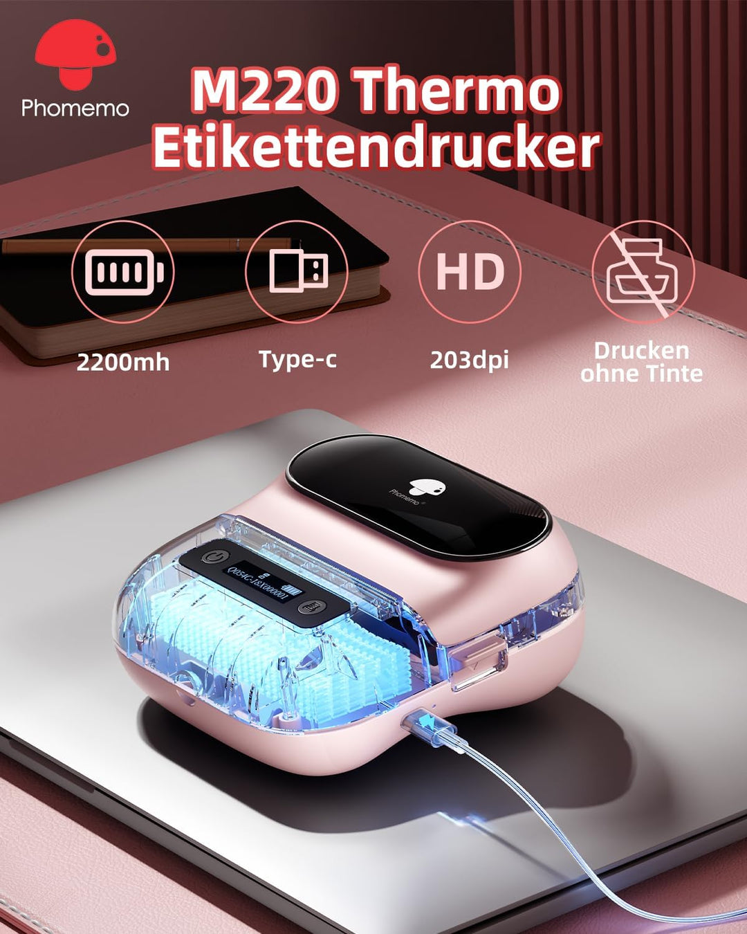 Phomemo M220 Inteligentní Bluetooth tiskárna štítků, Růžová