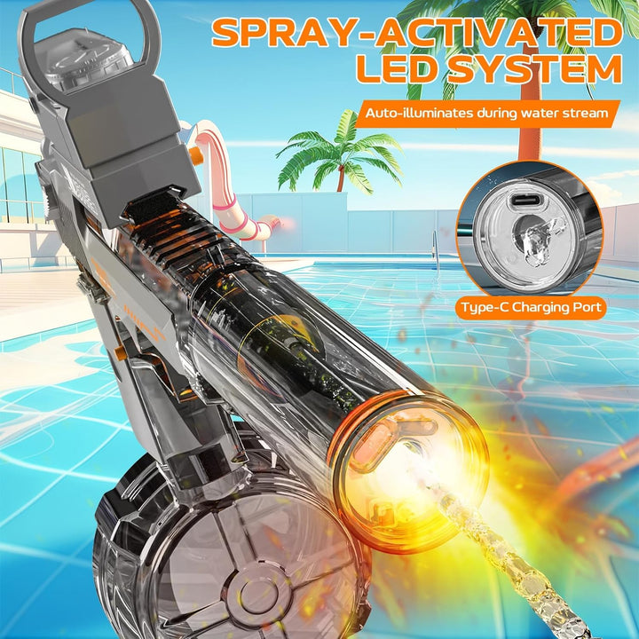 Electric Water Gun DESERT EAGLE – transparent design, light effects, range 8–10 m, 425 ml tank