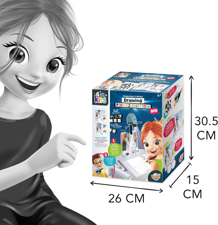 BUKI FK004 Dětský kreslící projektor | 30 obrázků, 200 motivů, 12 akvarelových pastelek a 8 fixů | Výškově nastavitelný a otočný projektor