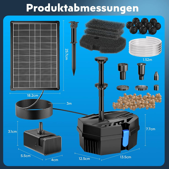 Solární jezírkový filtr s čerpadlem - 3600 mAh baterie, 10 trysek, 8 W panel
