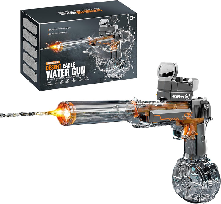 Electric Water Gun DESERT EAGLE – transparent design, light effects, range 8–10 m, 425 ml tank