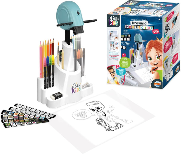 BUKI FK004 Dětský kreslící projektor | 30 obrázků, 200 motivů, 12 akvarelových pastelek a 8 fixů | Výškově nastavitelný a otočný projektor