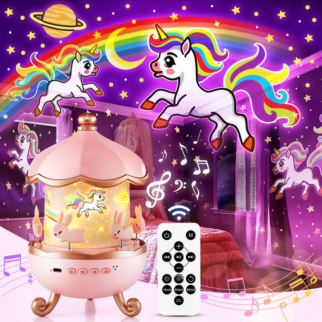 Night sky projector with rotating carousel and projection of unicorn, mermaid and other children's fairy tales