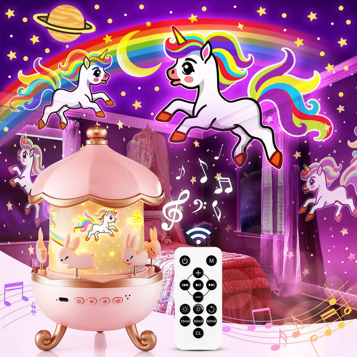Night sky projector with rotating carousel and projection of unicorn, mermaid and other children's fairy tales