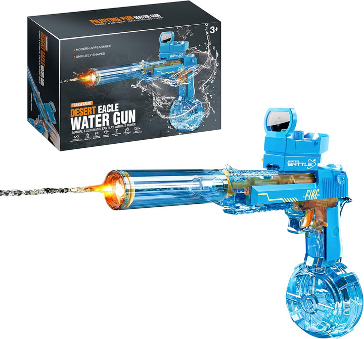 Electric Water Gun DESERT EAGLE – transparent design, light effects, range 8–10 m, 425 ml tank