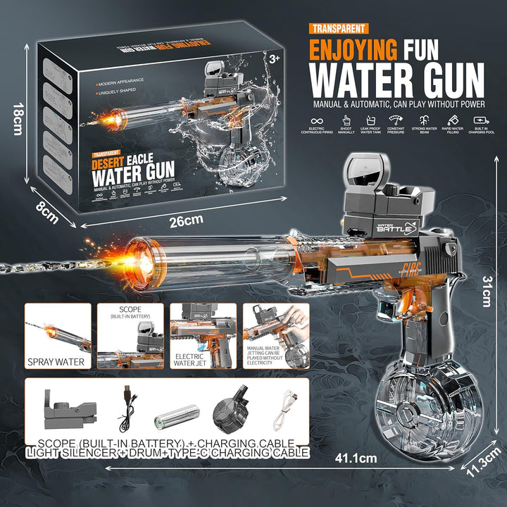 Electric Water Gun DESERT EAGLE – transparent design, light effects, range 8–10 m, 425 ml tank