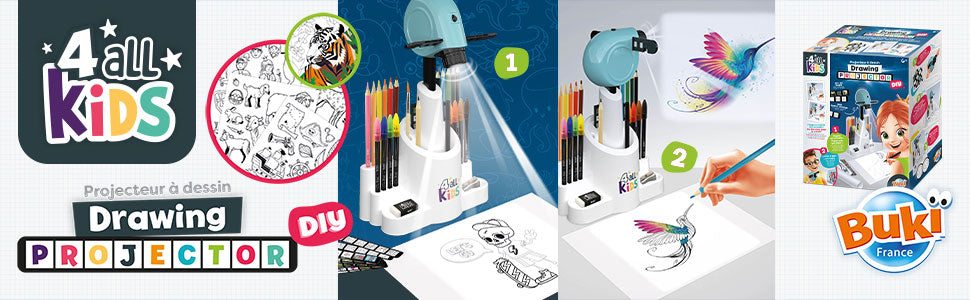 BUKI FK004 Dětský kreslící projektor | 30 obrázků, 200 motivů, 12 akvarelových pastelek a 8 fixů | Výškově nastavitelný a otočný projektor