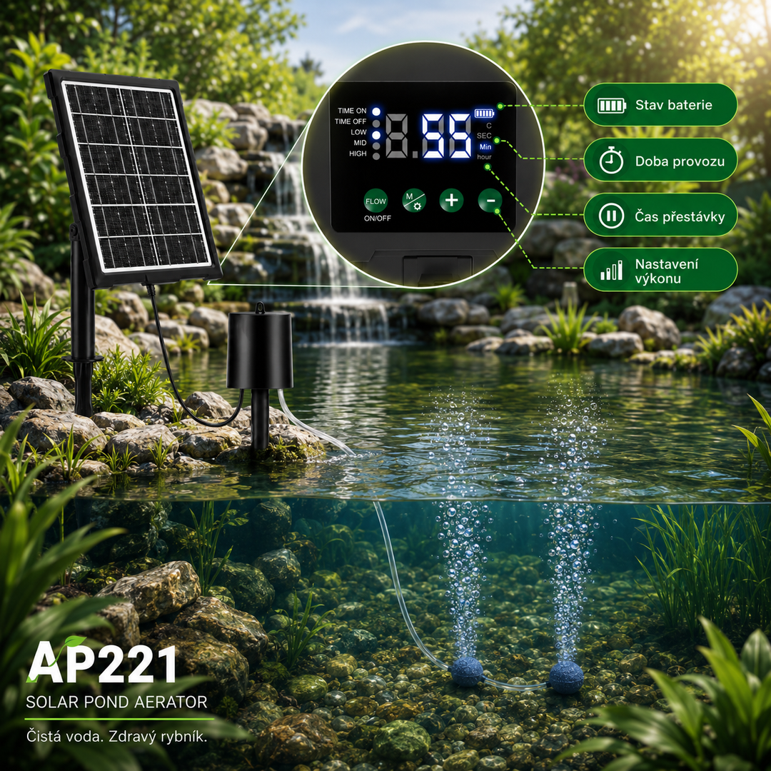 Solární provzdušňovač jezírka s LCD displejem AP221 – 2200 mAh baterie, 3 stupně výkonu, programovatelný časovač, 3W panel