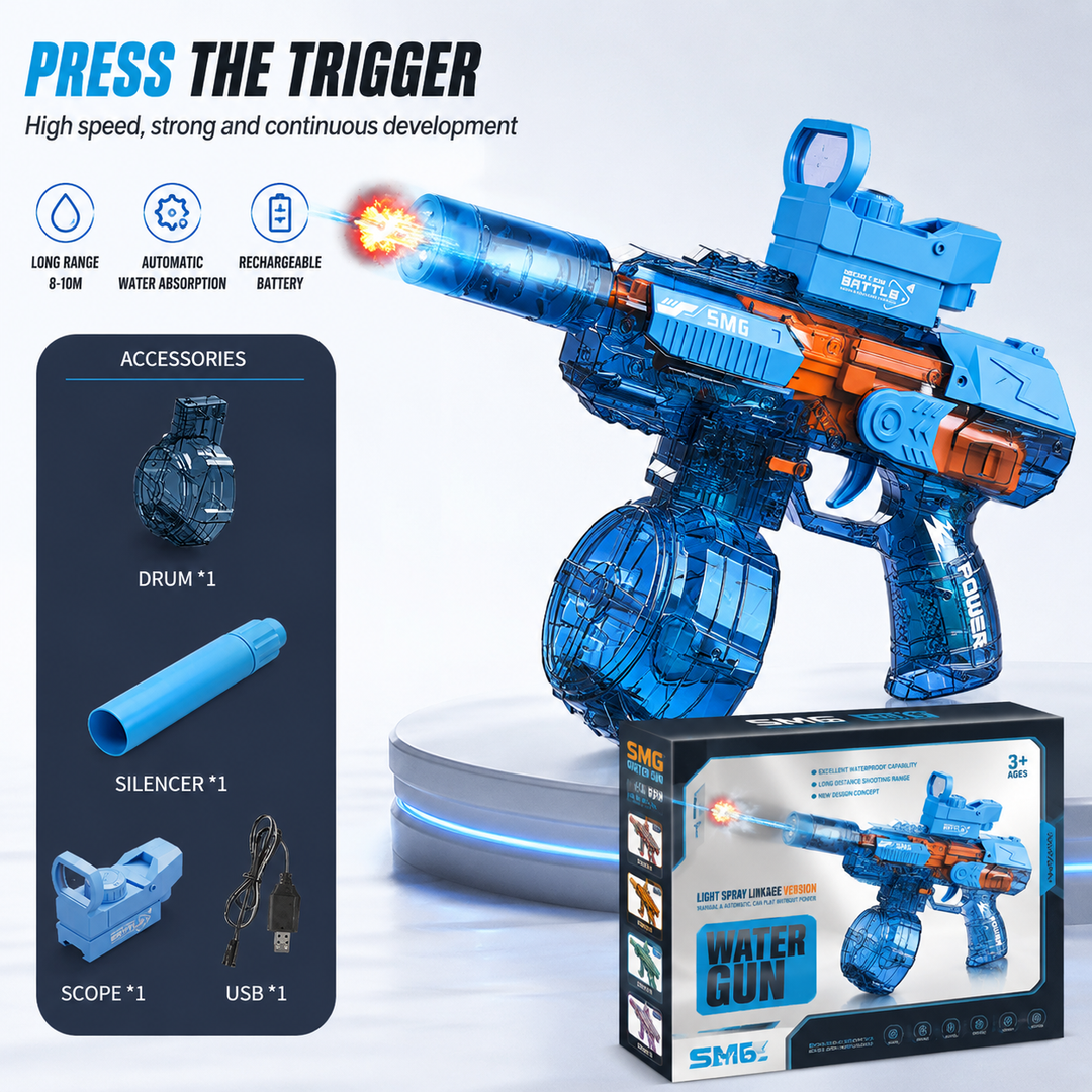 Elektrická vodní pistole SMG – světelné efekty, dostřel 8–10 m, 425 ml zásobník, 1200 mAh baterie