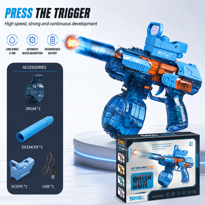 Elektrická vodní pistole SMG – světelné efekty, dostřel 8–10 m, 425 ml zásobník, 1200 mAh baterie