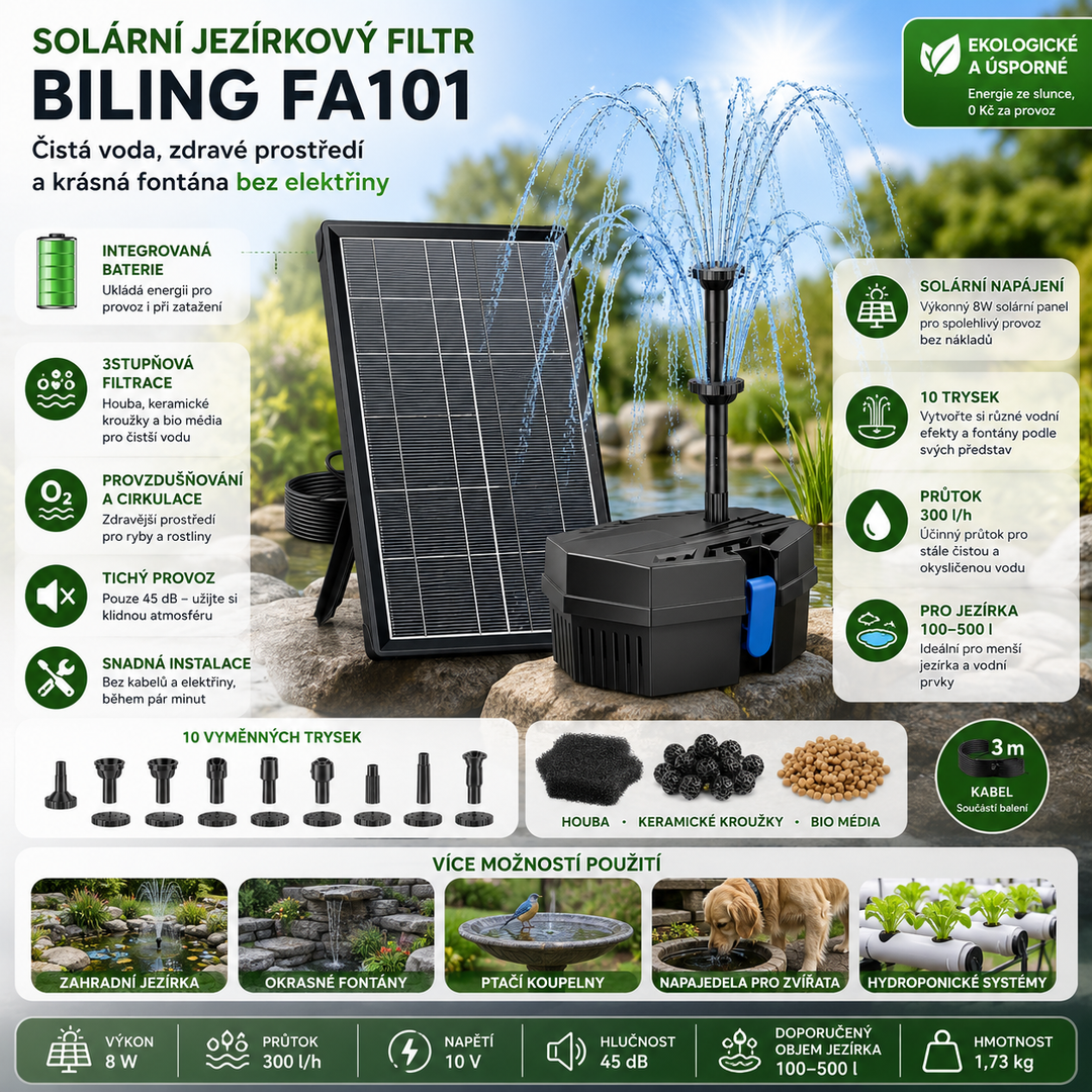 Solární jezírkový filtr s čerpadlem FA101 - 3600 mAh baterie, 10 trysek, 8 W panel