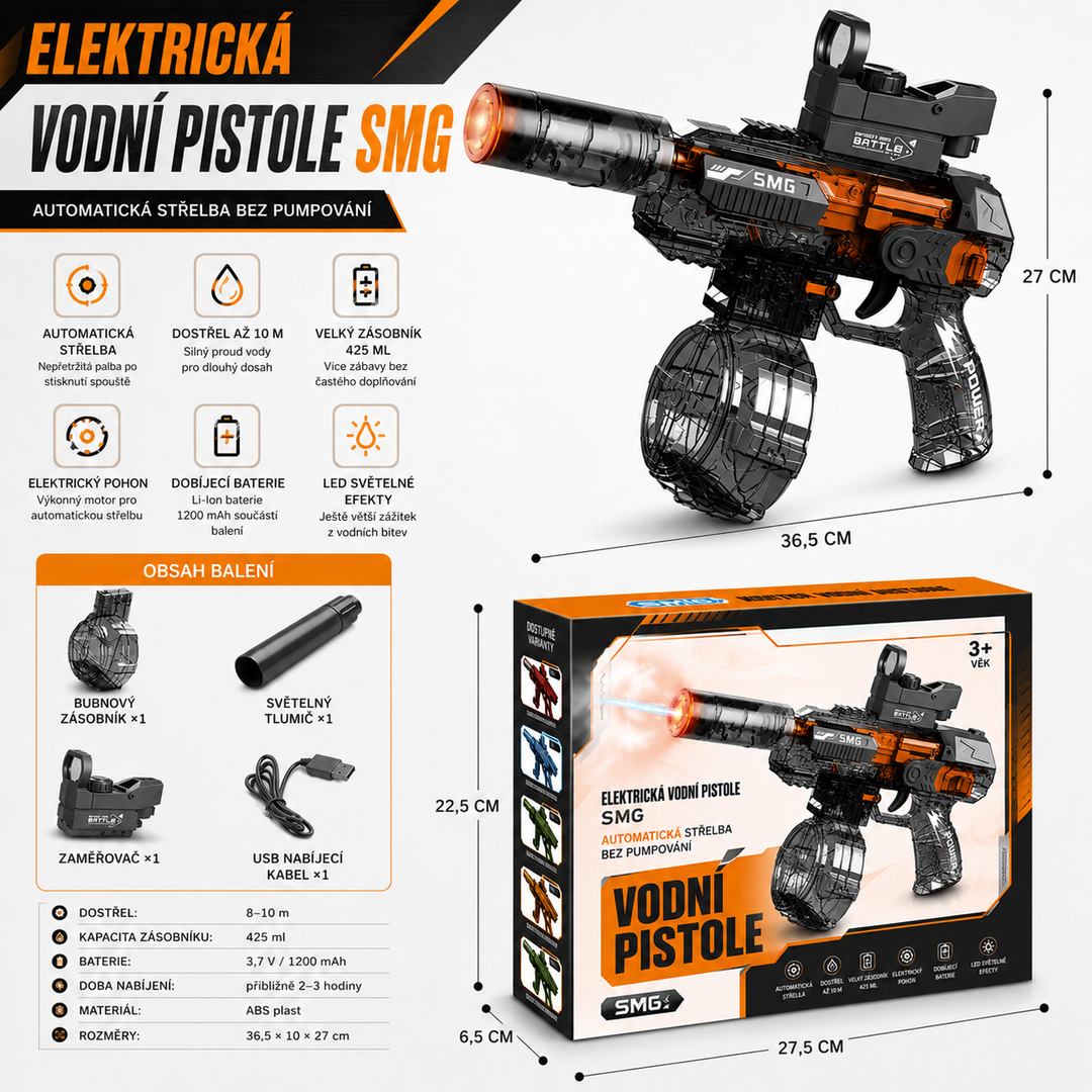 Elektrická vodní pistole SMG – světelné efekty, dostřel 8–10 m, 425 ml zásobník, 1200 mAh baterie