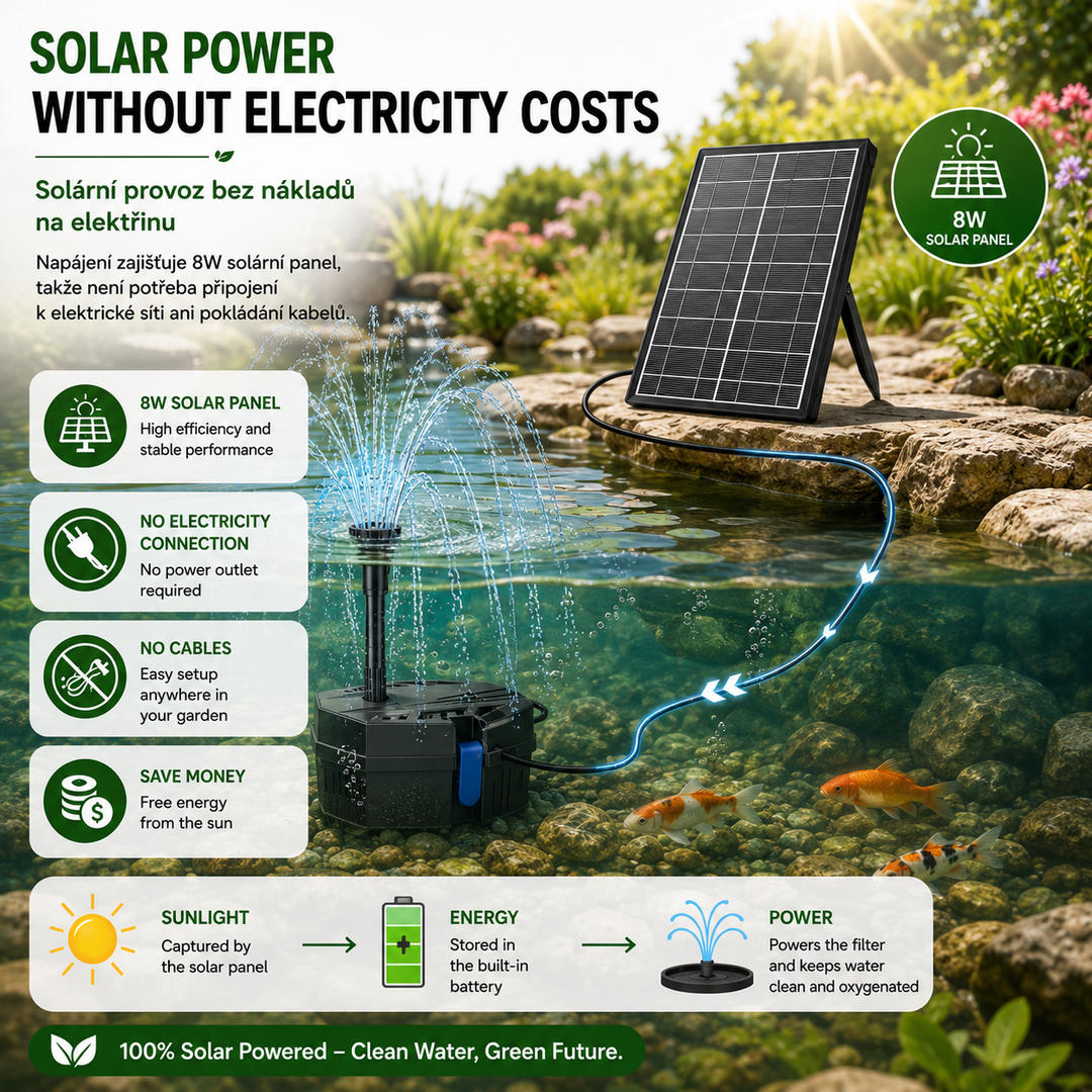 Solární jezírkový filtr s čerpadlem FA101 - 3600 mAh baterie, 10 trysek, 8 W panel