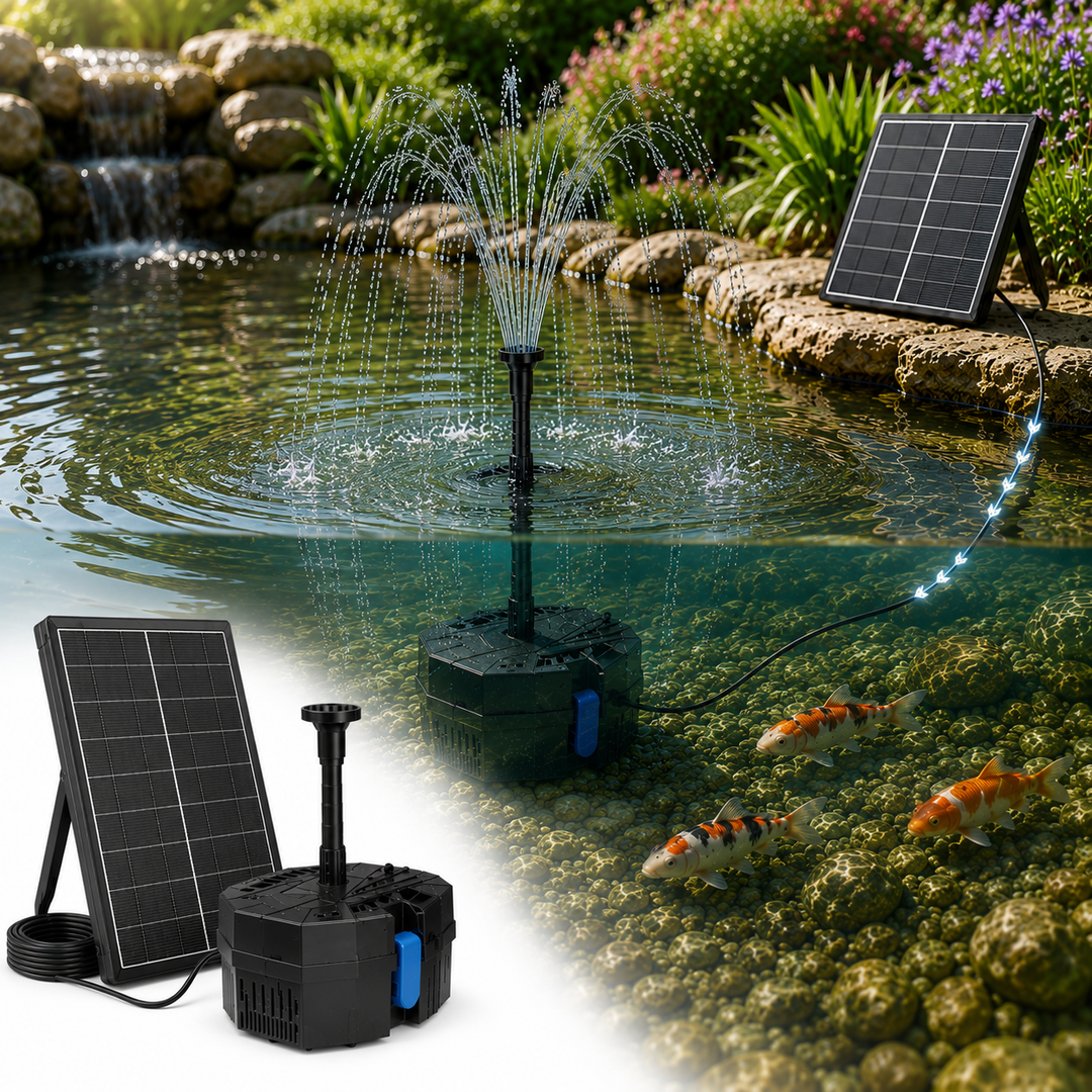 Solární jezírkový filtr s čerpadlem FA101 - 3600 mAh baterie, průtok 300 l/h, 10 trysek, 8 W panel