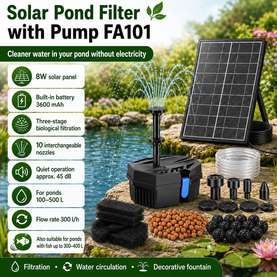 Solární jezírkový filtr s čerpadlem FA101 - 3600 mAh baterie, průtok 300 l/h, 10 trysek, 8 W panel