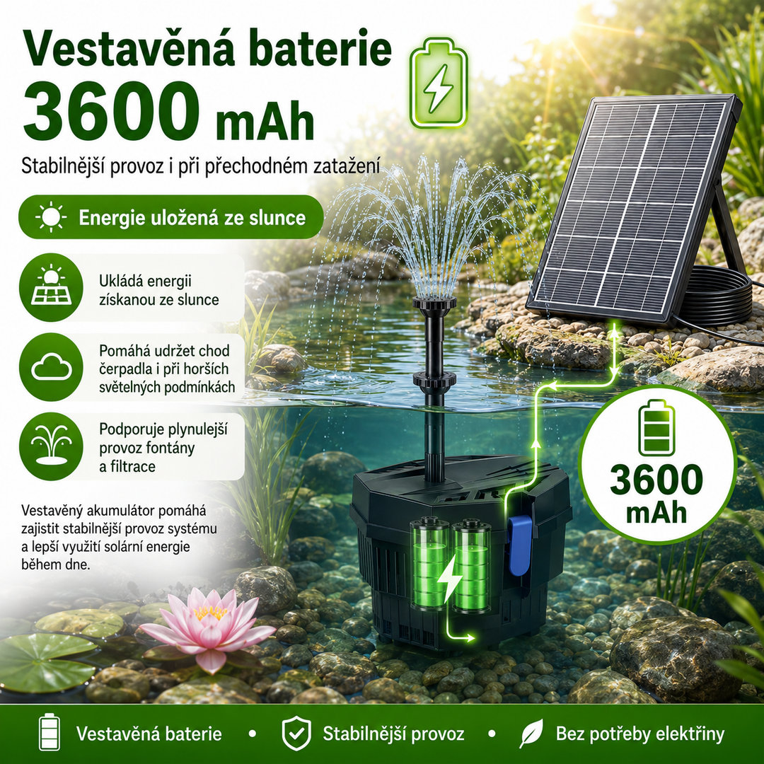 Solární jezírkový filtr s čerpadlem FA101 - 3600 mAh baterie, průtok 300 l/h, 10 trysek, 8 W panel