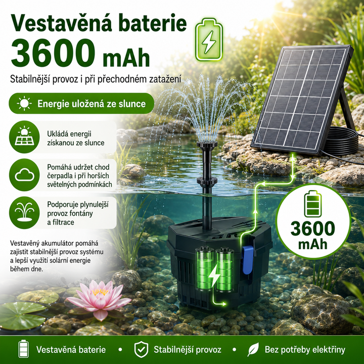 Solární jezírkový filtr s čerpadlem FA101 - 3600 mAh baterie, průtok 300 l/h, 10 trysek, 8 W panel