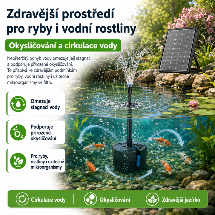 Solární jezírkový filtr s čerpadlem FA101 - 3600 mAh baterie, průtok 300 l/h, 10 trysek, 8 W panel