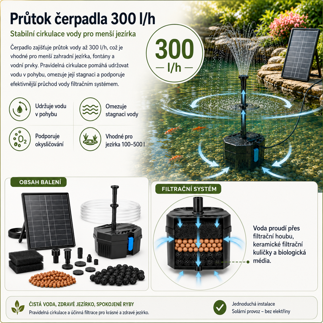 Solární jezírkový filtr s čerpadlem FA101 - 3600 mAh baterie, průtok 300 l/h, 10 trysek, 8 W panel