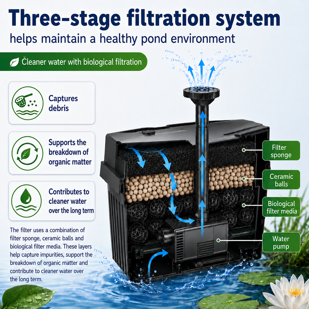 Solární jezírkový filtr s čerpadlem FA101 - 3600 mAh baterie, průtok 300 l/h, 10 trysek, 8 W panel
