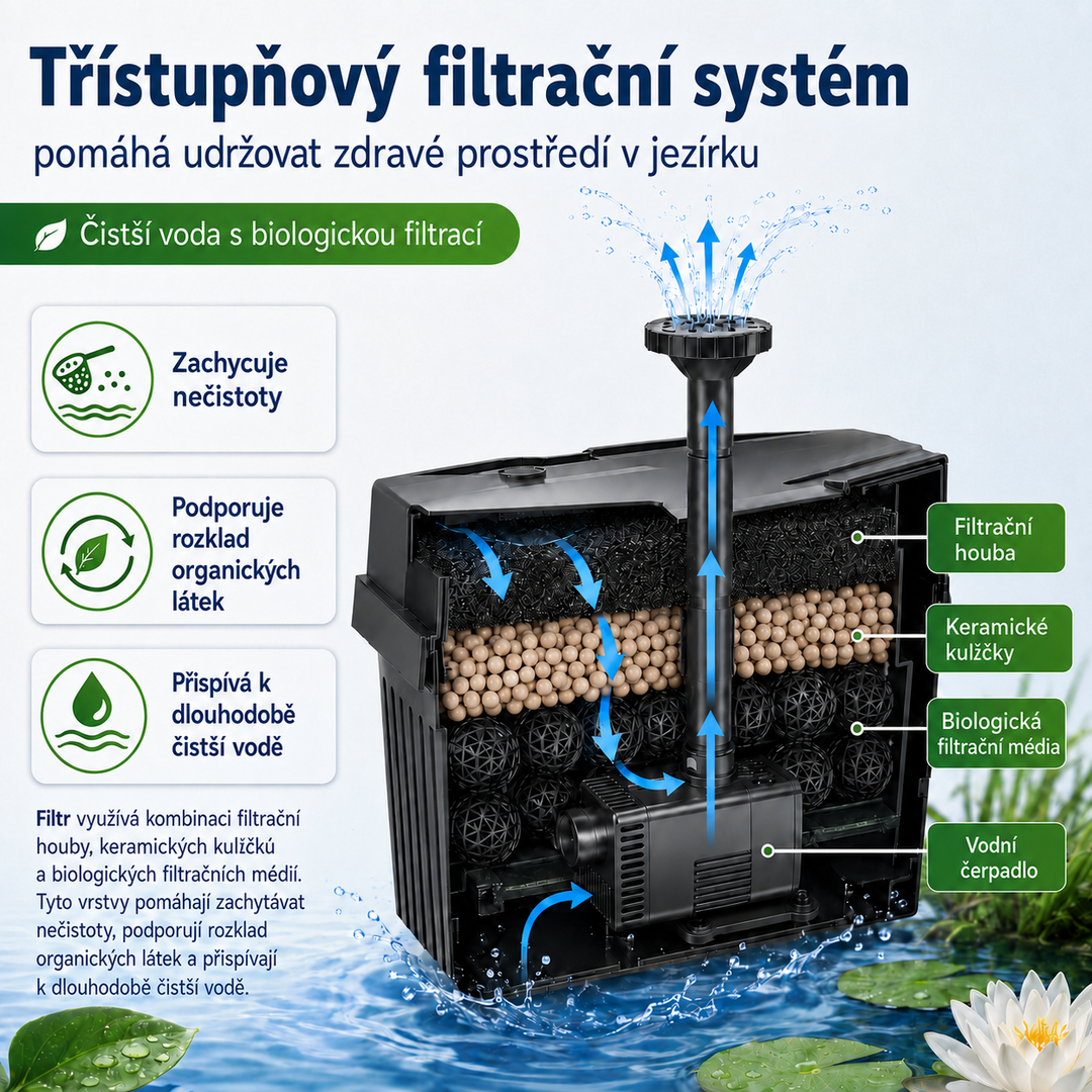 Solární jezírkový filtr s čerpadlem FA101 - 3600 mAh baterie, průtok 300 l/h, 10 trysek, 8 W panel