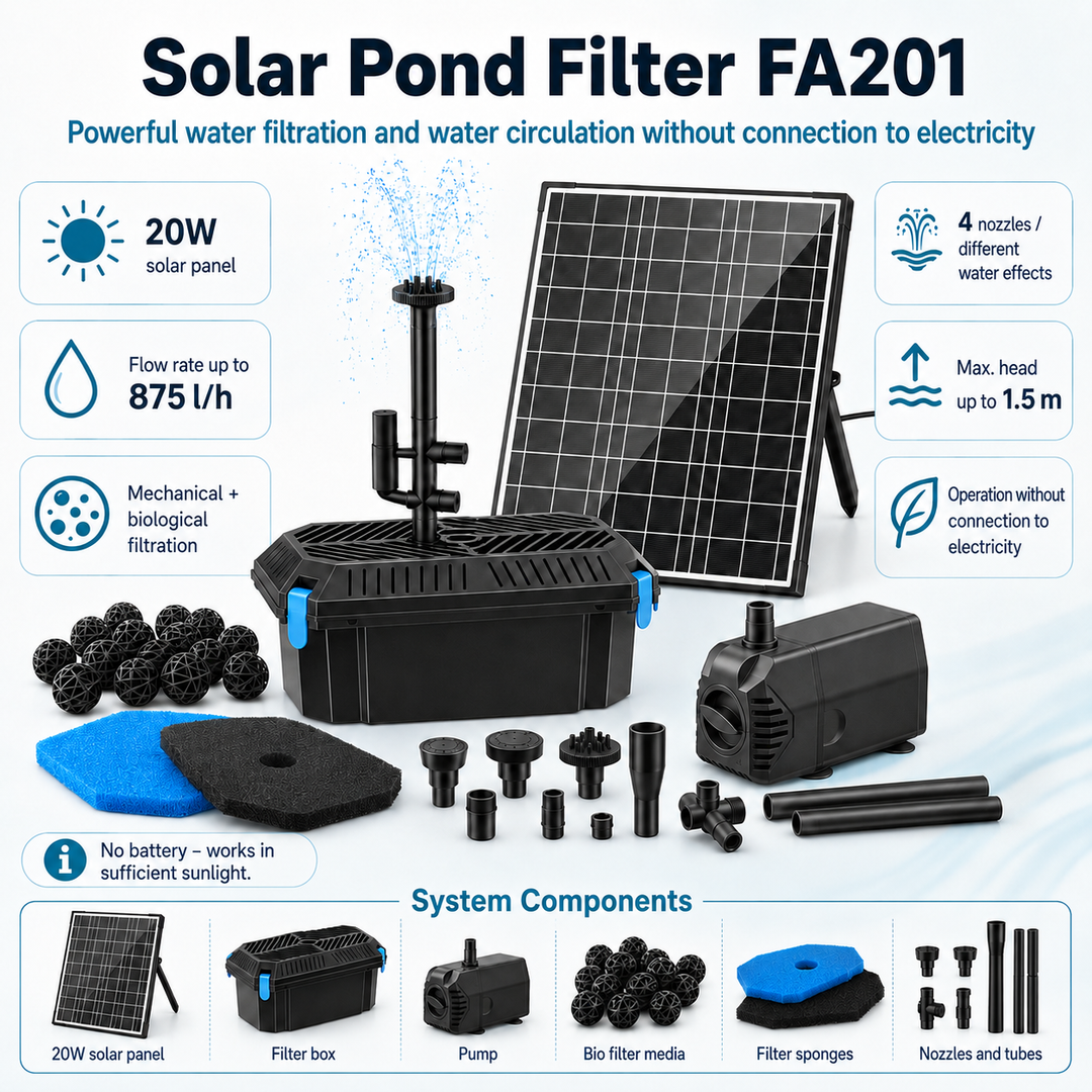 Solární jezírkový filtr s čerpadlem FA201 - 20 W panel, průtok 875 l/h, biologická filtrace
