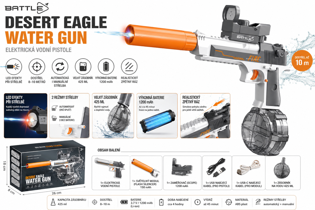 Elektrická vodní pistole DESERT EAGLE – světelné efekty, dostřel 8–10 m, 425 ml zásobník