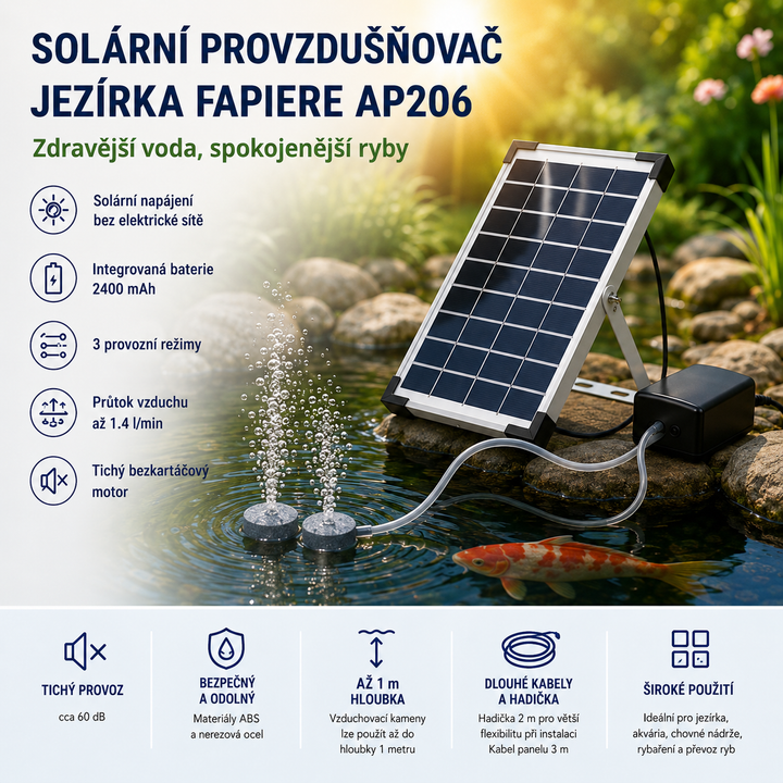 Fapiere Solar Pond Aerator AP206 - 2400 mAh Battery, 2 Modes, 5 W