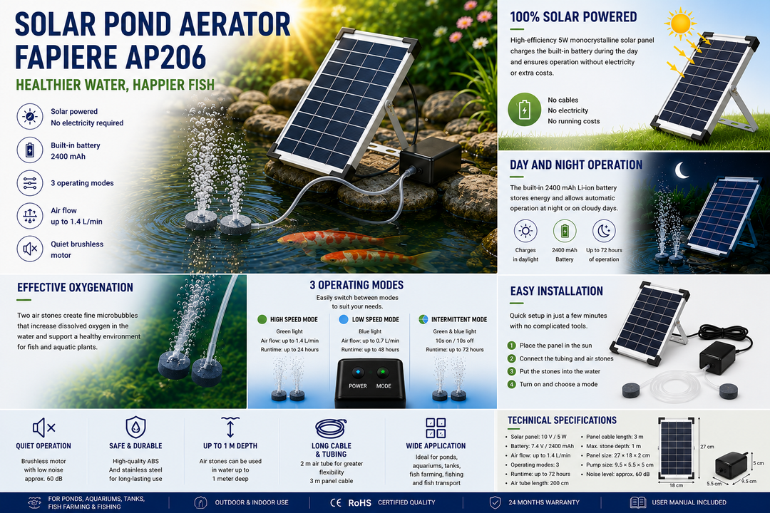 Fapiere Solar Pond Aerator AP206 - 2400 mAh Battery, 2 Modes, 5 W