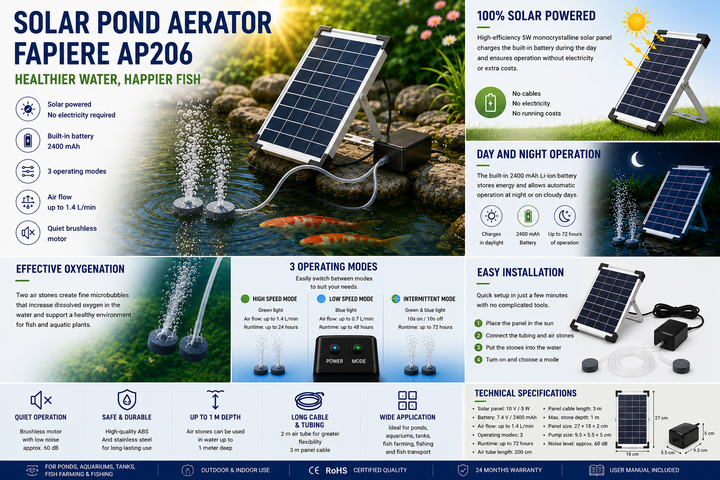 Fapiere Solar Pond Aerator AP206 - 2400 mAh Battery, 2 Modes, 5 W