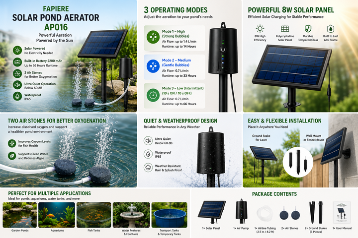 Fapiere Solární provzdušňovač jezírka AP016 – 2200 mAh baterie, 3 režimy, 8 W panel