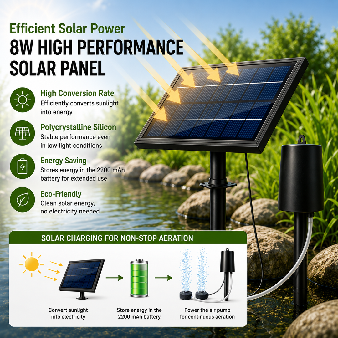 Fapiere Solární provzdušňovač jezírka AP016 – 2200 mAh baterie, 3 režimy, 8 W panel
