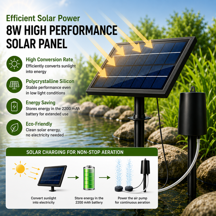 Fapiere Solární provzdušňovač jezírka AP016 – 2200 mAh baterie, 3 režimy, 8 W panel