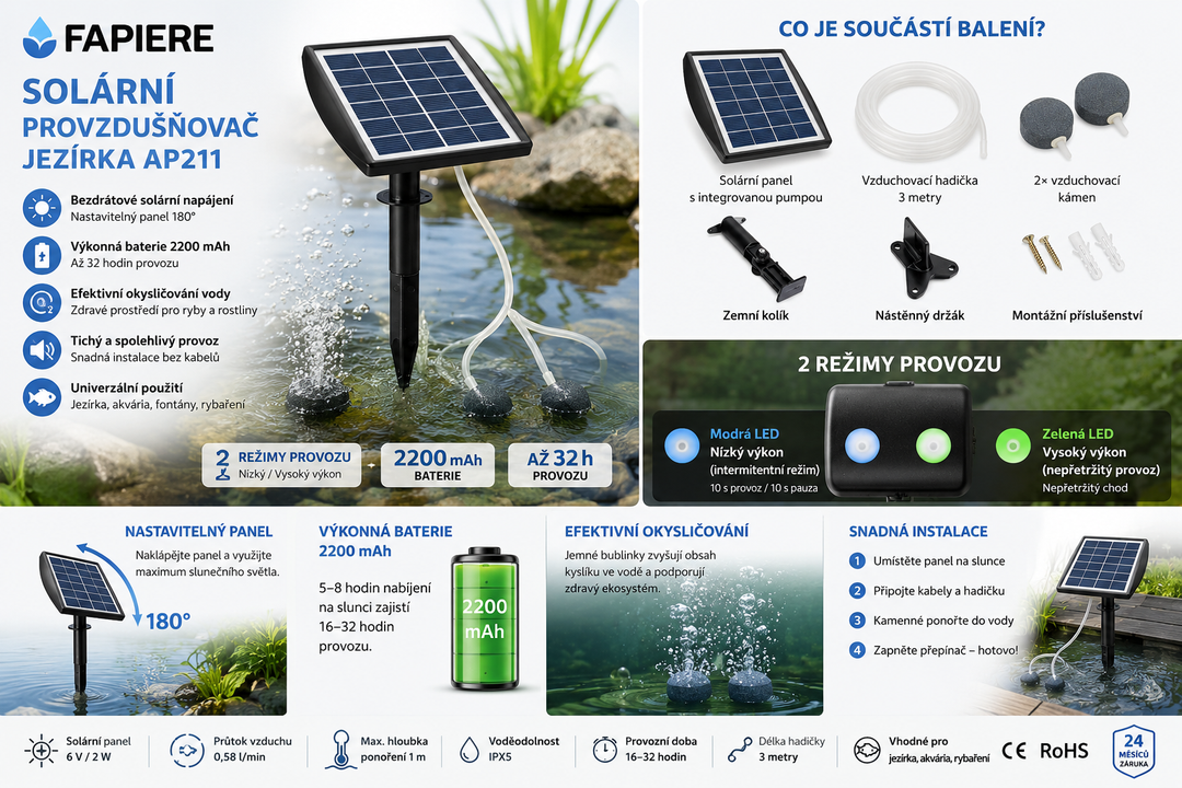 Fapiere Solar Pond Aerator AP211 – 2200 mAh battery, 2 operating modes, 2 W