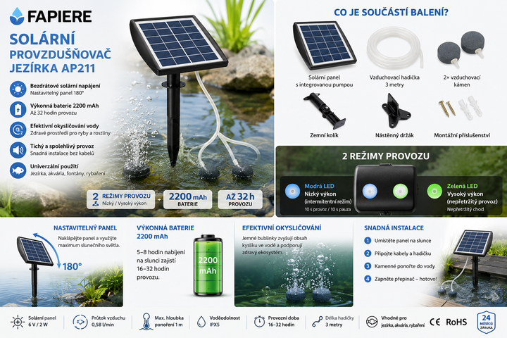 Fapiere Solar Pond Aerator AP211 – 2200 mAh battery, 2 operating modes, 2 W