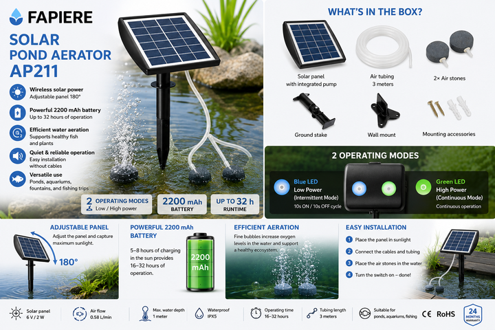 Fapiere Solar Pond Aerator AP211 – 2200 mAh battery, 2 operating modes, 2 W