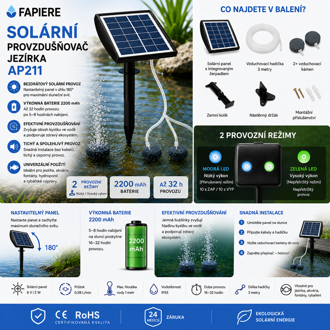 Fapiere Solar Pond Aerator AP211 – 2200 mAh battery, 2 operating modes, 2 W