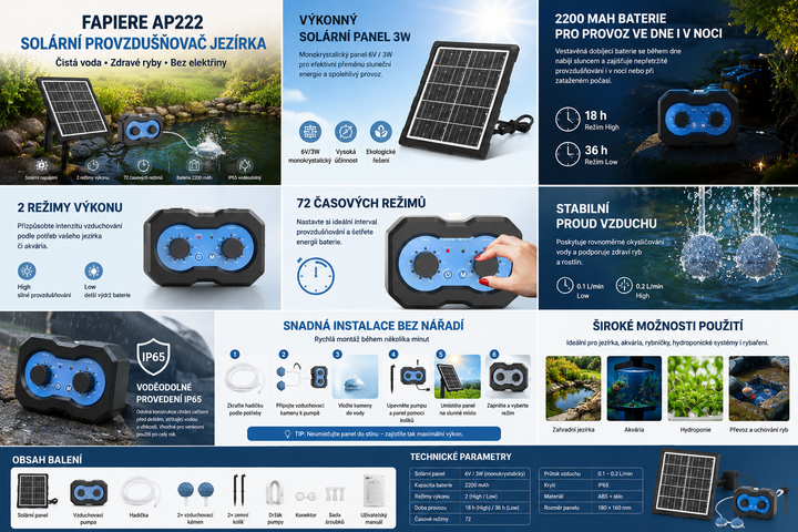 Solární provzdušňovač jezírka AP222 – 2200 mAh baterie, 2 režimy výkonu, 72 časových režimů, 3W panel