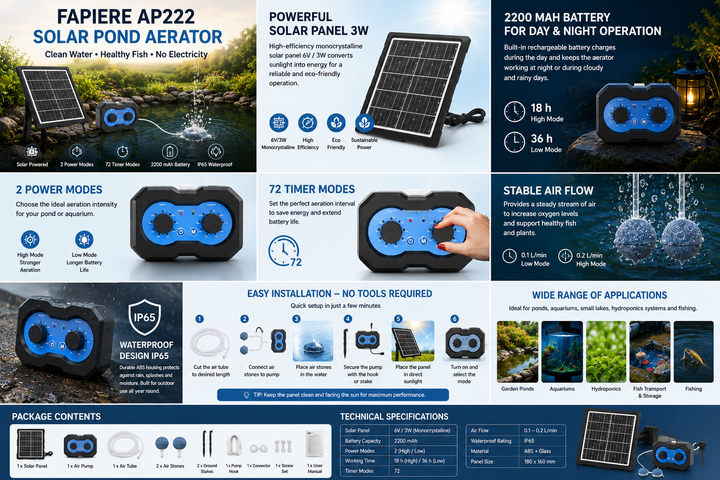 Solární provzdušňovač jezírka AP222 – 2200 mAh baterie, 2 režimy výkonu, 72 časových režimů, 3W panel